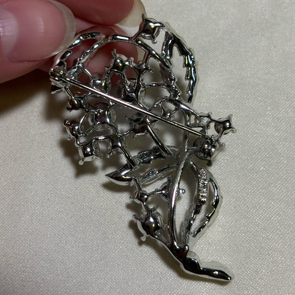 Mid Century Modern Silver Blue Rhinestone Floral Brooch - Picture 5 of 6